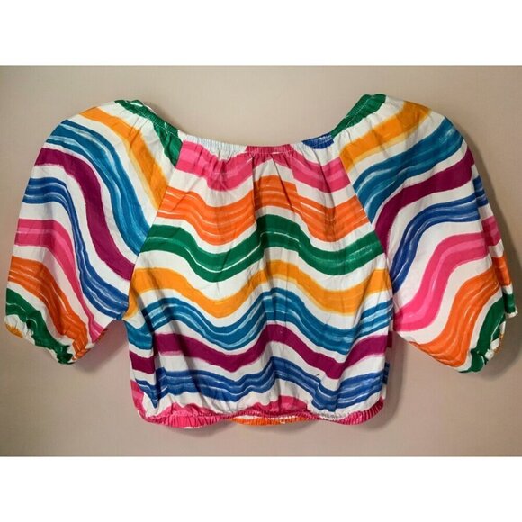 Rachel Zoe Crop Top Balloon Sleeve Multicolor Striped Off the Shoulder Womens XS - Picture 8 of 8
